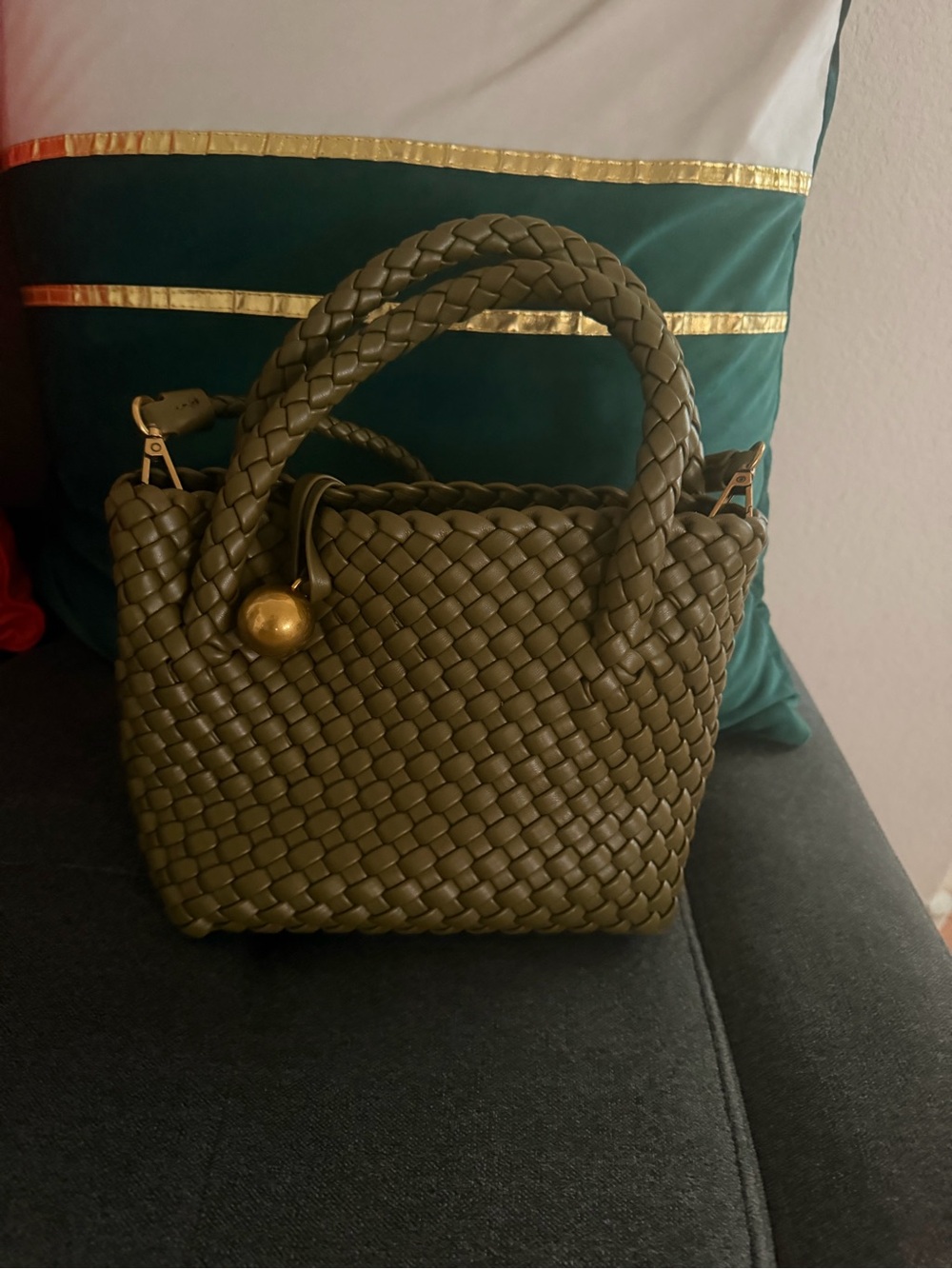 Anthropologie Olive Green Braided Satchel with Gold Accent